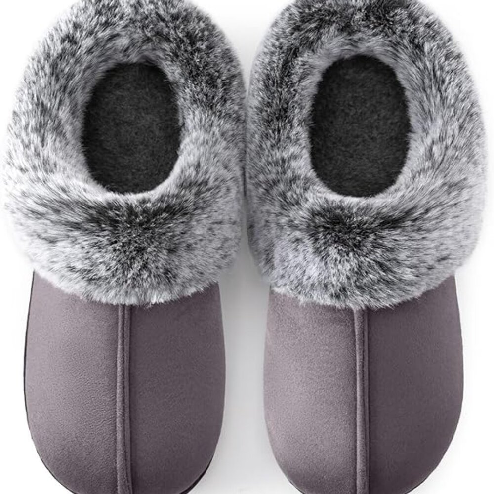 Women's Moccasins Faux Fur Trim Memory Foam Slippers(Dark Gray)